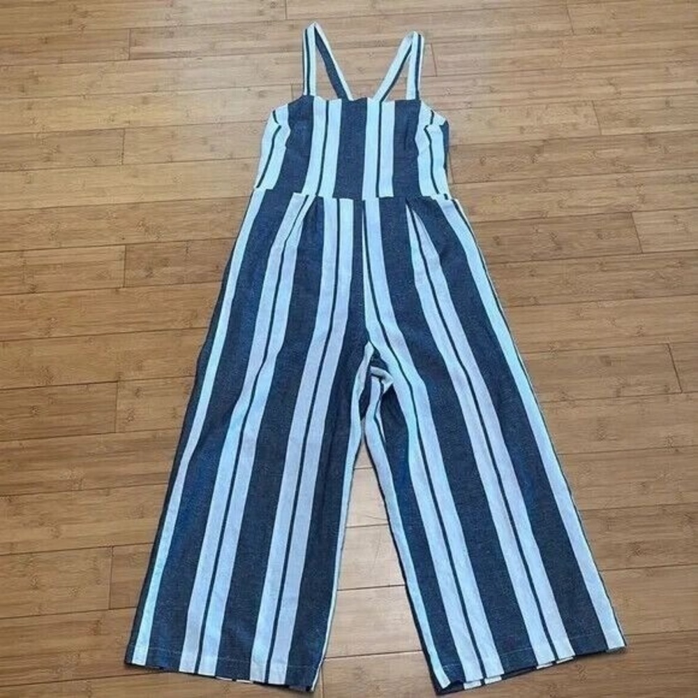 Peppermint Striped Wide Cropped Leg Open Back Linen Blend Jumpsuit White Sz L - Picture 8 of 9